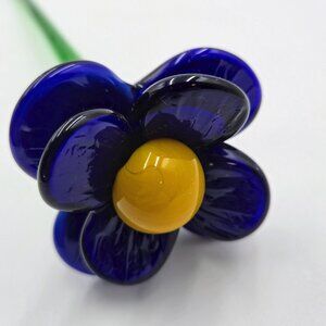 Art Glass Flower Hand Blown Dark Blue Yellow Long Green Stem Flower With Leaf